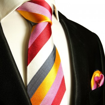 Rot weiß goldenes extra langes XL Krawatten Set 2tlg. 100% Seidenkrawatte + Einstecktuch by Paul Malone 242