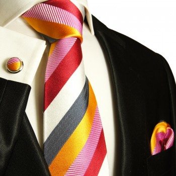 Extra langes Krawatten Set rot weiß grau 3tlg. 100% Seide + Einstecktuch + Manschettenknöpfe by Paul Malone 242