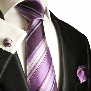 Extra langes Krawatten Set lila violett 3tlg. 100% Seide + Einstecktuch + Manschettenknöpfe by Paul Malone 251