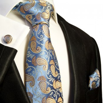 Blaues paisley Krawatten Set 3tlg + Einstecktuch + Manschettenknoepfe 351