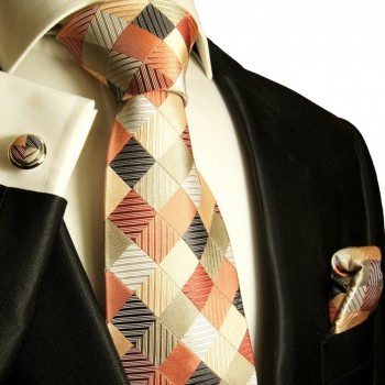 Extra langes Krawatten Set orange 3tlg. 100% Seide + Einstecktuch + Manschettenknöpfe by Paul Malone 252