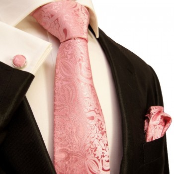 Pinkes Krawatten Set 3tlg + Einstecktuch + Manschettenknoepfe 366