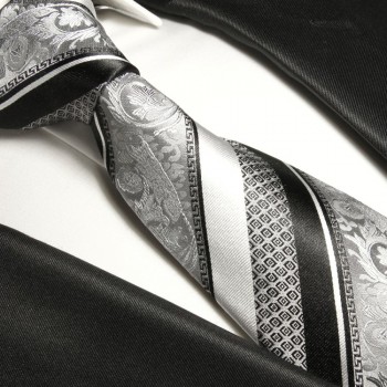 Krawatte silber schwarz 100% Seide barock gestreift 382