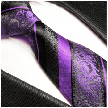 Krawatte schwarz lila barock gestreift Seidenkrawatte - Seide - Krawatte mit Einstecktuch