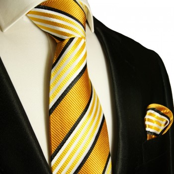 Goldenes extra langes XL Krawatten Set 2tlg. 100% Seidenkrawatte + Einstecktuch by Paul Malone 264