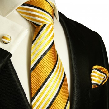 Extra langes Krawatten Set gold 3tlg. 100% Seide + Einstecktuch + Manschettenknöpfe by Paul Malone 264