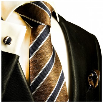 Krawatte braun blau mit Einstecktuch und Manschettenknöpfe