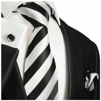Schwarz weiß gestreiftes Krawatten Set 3tlg 100% Seidenkrawatte + Einstecktuch + Manschettenknöpfe 832