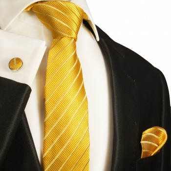 Schmales gold gestreiftes Krawatten Set 3tlg 100% Seidenkrawatte + Einstecktuch + Manschettenknöpfe 940-schmal