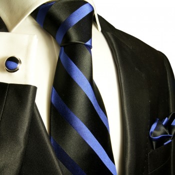 Schwarz blaues XL Krawatten Set 3tlg. (extra lange 165cm) 100% Seide + Einstecktuch + Manschettenknöpfe 295