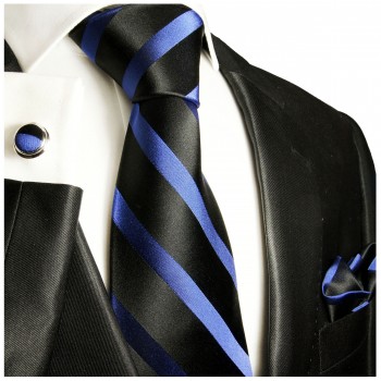 Krawatte schwarz blau mit Einstecktuch und Manschettenknöpfen 295