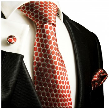 Krawatte rot gepunktet Seide mit Einstecktuch und Manschettenknöpfe
