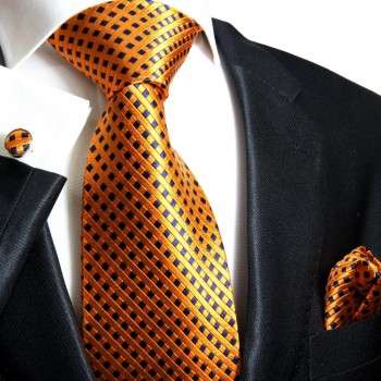 Extra langes Krawatten Set orange bronze 3tlg. 100% Seide + Einstecktuch + Manschettenknöpfe by Paul Malone 310
