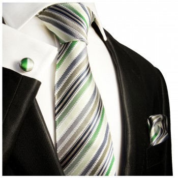 Krawatte grün grau mit Einstecktuch und Manschettenknöpfe