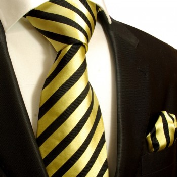 Gold schwarzes extra langes XL Krawatten Set 2tlg. 100% Seidenkrawatte + Einstecktuch by Paul Malone 335