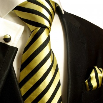 Extra langes Krawatten Set gold schwarz 3tlg. 100% Seide + Einstecktuch + Manschettenknöpfe by Paul Malone 335