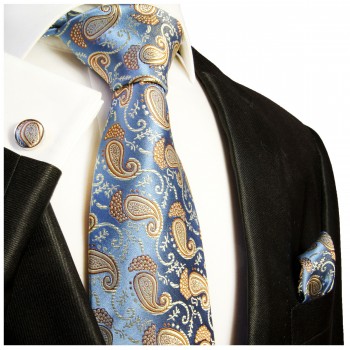 Krawatte hellblau gold paisley mit Einstecktuch und Manschettenknöpfen 351