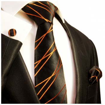 Krawatte orange gestreift mit Einstecktuch und Manschettenknöpfe