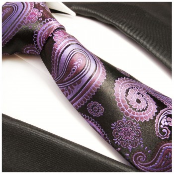 Paul Malone XL Krawatte 165cm schwarz lila paisley Seidenkrawatte 363