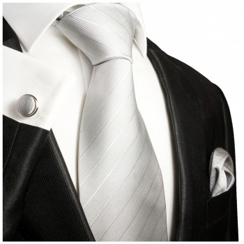 Krawatte silber uni gestreift Seide mit Einstecktuch und Manschettenknöpfe