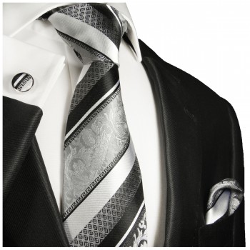 Krawatte silber schwarz barock gestreift Seide mit Einstecktuch und Manschettenknöpfe