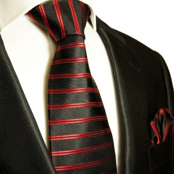 Schwarz rotes extra langes XL Krawatten Set 2tlg. 100% Seidenkrawatte + Einstecktuch by Paul Malone 400