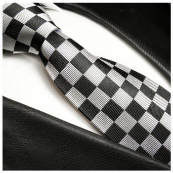 Paul Malone XL Krawatte 165cm grau schwarz karierte Seidenkrawatte 402