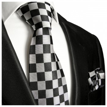 Krawatte grau schwarz Seide kariert mit Einstecktuch