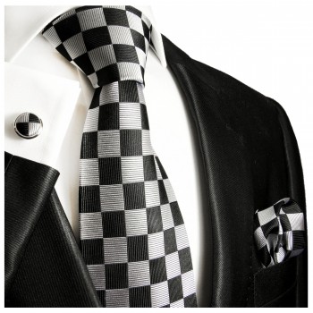 Krawatte grau schwarz Seide kariert mit Einstecktuch und Manschettenknöpfen