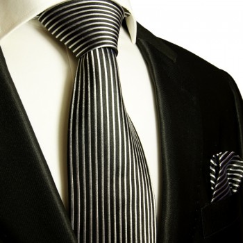 Schwarzes extra langes XL Krawatten Set 2tlg. 100% Seidenkrawatte + Einstecktuch by Paul Malone 408