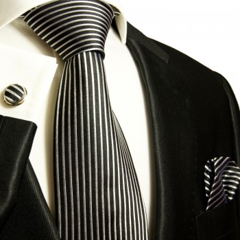 Extra langes Krawatten Set schwarz 3tlg. 100% Seide + Einstecktuch + Manschettenknöpfe by Paul Malone 408