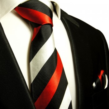 Schwarz rotes extra langes XL Krawatten Set 2tlg. 100% Seidenkrawatte + Einstecktuch by Paul Malone 410