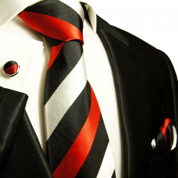 Extra langes Krawatten Set schwarz rot 3tlg. 100% Seide + Einstecktuch + Manschettenknöpfe by Paul Malone 410
