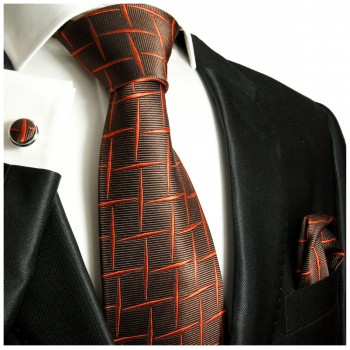 Krawatte rotbraun mit Einstecktuch und Manschettenknöpfe