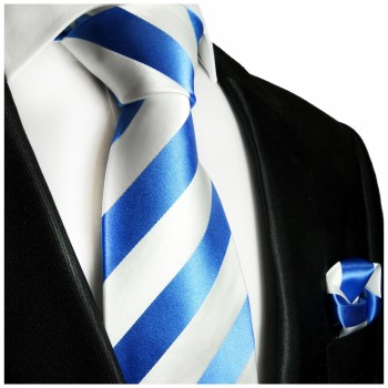 Krawatte hellblau mit Einstecktuch weiss gestreift Seide 413