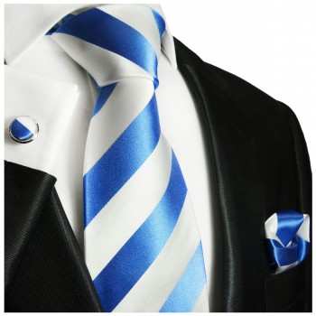 Krawatte hellblau mit Einstecktuch und Manschettenknöpfen weiss gestreift Seide 413