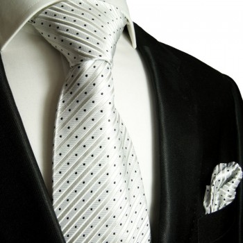 Silber weißes extra langes XL Krawatten Set 2tlg. 100% Seidenkrawatte + Einstecktuch by Paul Malone 423