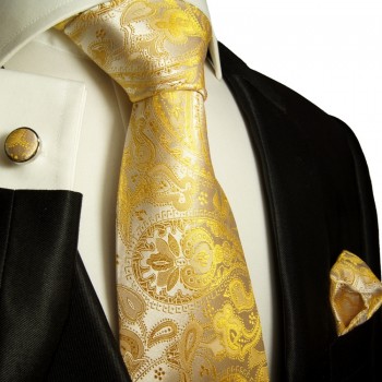 Extra langes Krawatten Set gelb 3tlg. 100% Seide + Einstecktuch + Manschettenknöpfe by Paul Malone 427