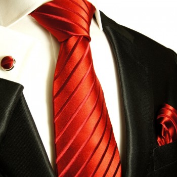 Extra langes Krawatten Set rot 3tlg. 100% Seide + Einstecktuch + Manschettenknöpfe by Paul Malone 441