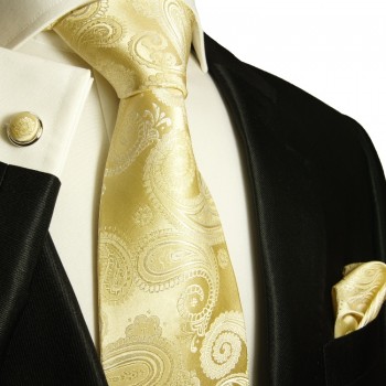 Extra langes Krawatten Set champagner 3tlg. 100% Seide + Einstecktuch + Manschettenknöpfe by Paul Malone 442