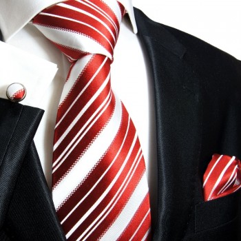 Extra langes Krawatten Set rot weiß 3tlg. 100% Seide + Einstecktuch + Manschettenknöpfe by Paul Malone 445