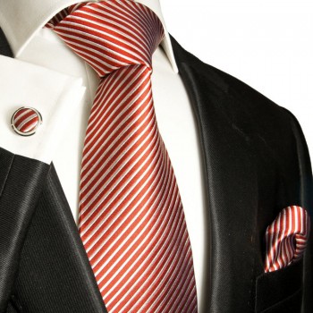 Extra langes Krawatten Set rot 3tlg. 100% Seide + Einstecktuch + Manschettenknöpfe by Paul Malone 447