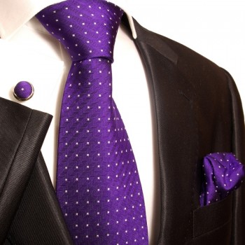 Extra langes Krawatten Set lila 3tlg. 100% Seide + Einstecktuch + Manschettenknöpfe by Paul Malone 449