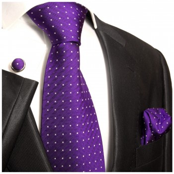 Krawatte lila violett gepunktet Seide mit Einstecktuch und Manschettenknöpfe