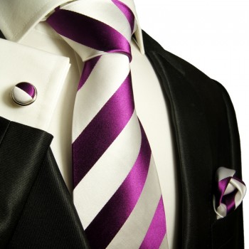 Extra langes Krawatten Set pink weiß 3tlg. 100% Seide + Einstecktuch + Manschettenknöpfe by Paul Malone 451