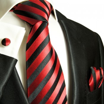 Extra langes Krawatten Set rot schwarz 3tlg. 100% Seide + Einstecktuch + Manschettenknöpfe by Paul Malone 452