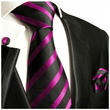 Krawatte pink schwarz gestreift Seide mit Einstecktuch und Manschettenknöpfe