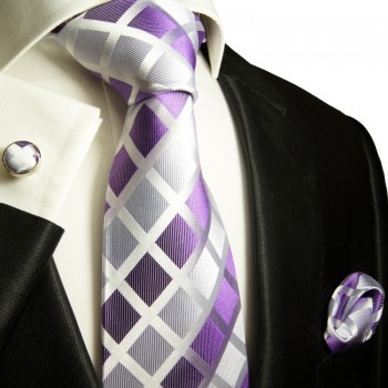 Extra langes Krawatten Set lila 3tlg. 100% Seide + Einstecktuch + Manschettenknöpfe by Paul Malone 466