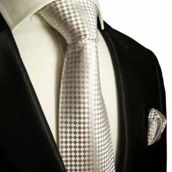 Weiß silbernes extra langes XL Krawatten Set 2tlg. 100% Seidenkrawatte + Einstecktuch by Paul Malone 472