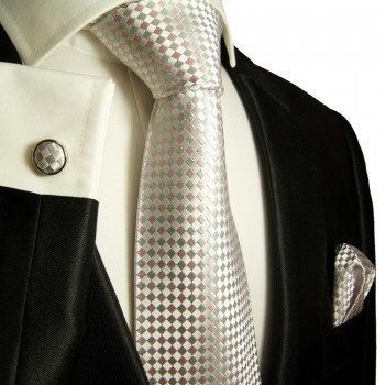 Extra langes Krawatten Set weiß silber pink 3tlg. 100% Seide + Einstecktuch + Manschettenknöpfe by Paul Malone 472